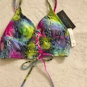 California Waves LaceUp Bikini Top Longline Top Bright Colorful Small